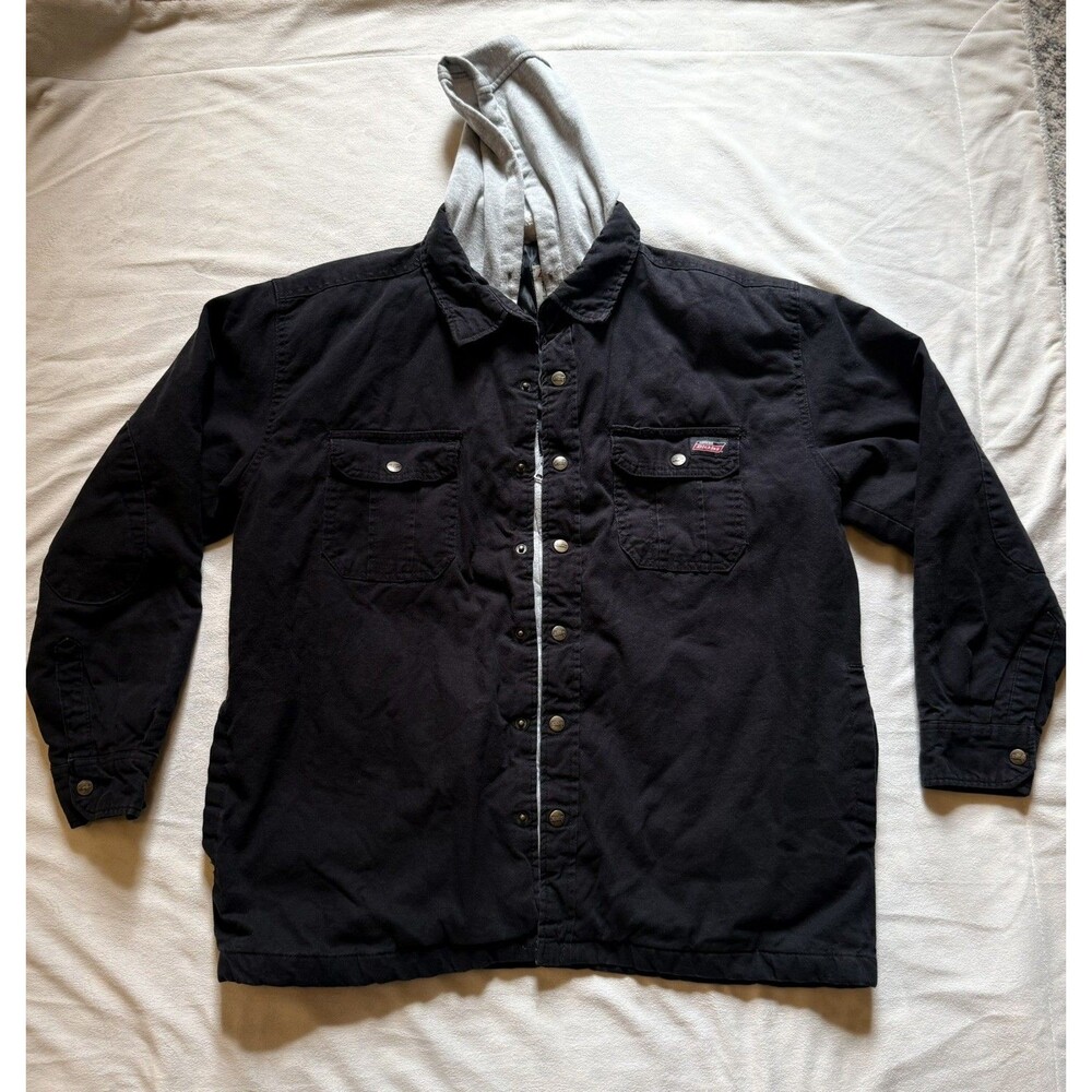 Dickies Jacket Mens XL Black Duck Fleece Hooded Quilted Lined Canvas Snap Zip - Picture 1 of 10